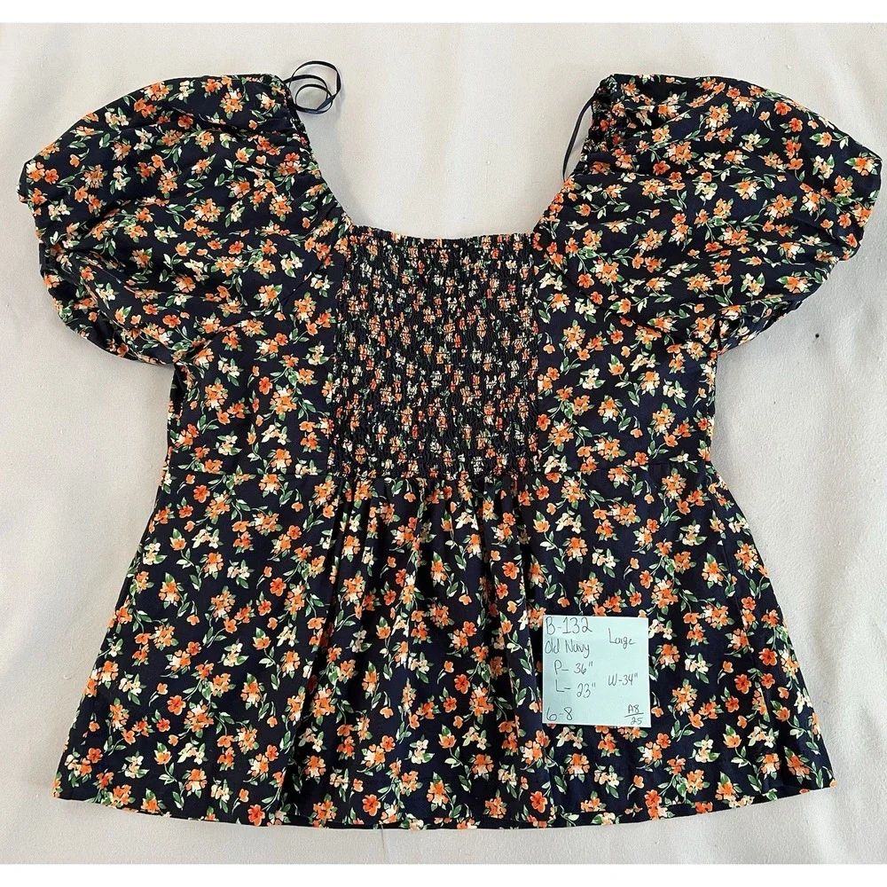 Old Navy Floral Puff Sleeve Blouse Womens Sz Large Heart‎ Neck Multicolor